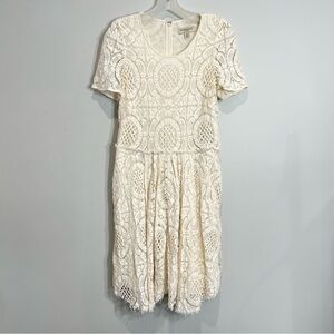 Burberry Dress Beige Lace Cotton Blend Short Sleeve Knee Length Dress Medium